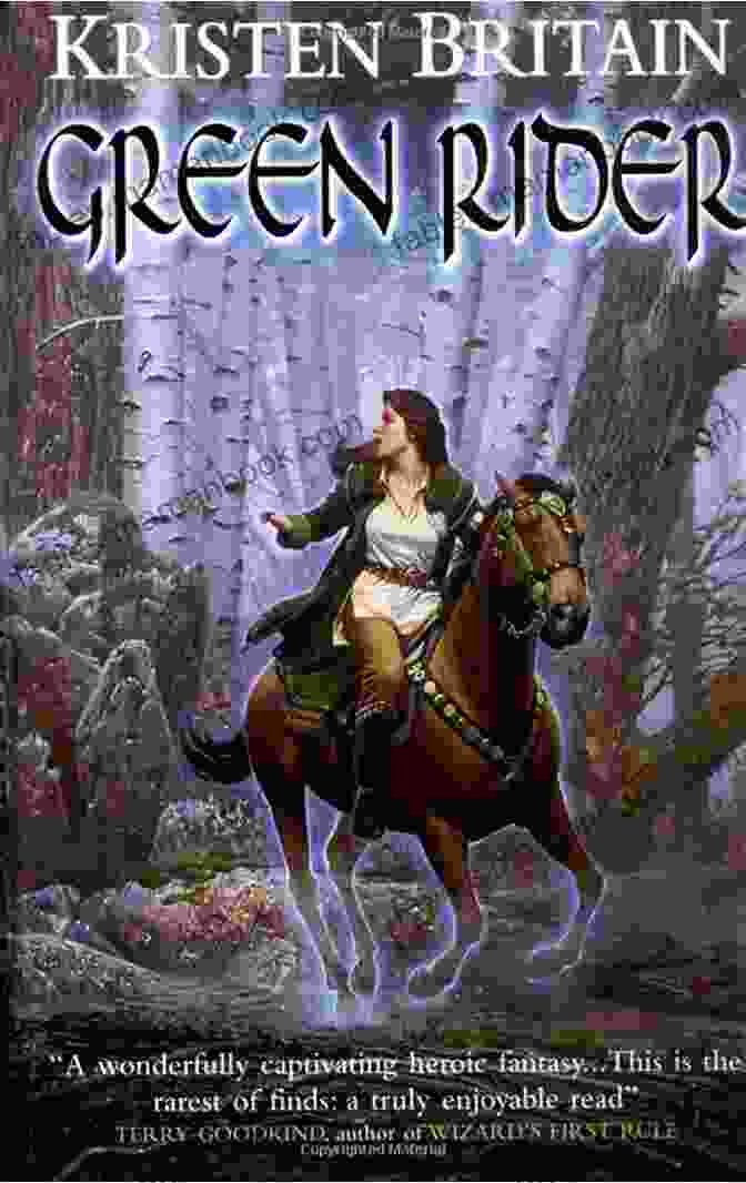 Green Rider Book Cover, Featuring A Young Man On A Horse, A Sword In His Hand, Against A Backdrop Of A Magical Forest Green Rider Kristen Britain